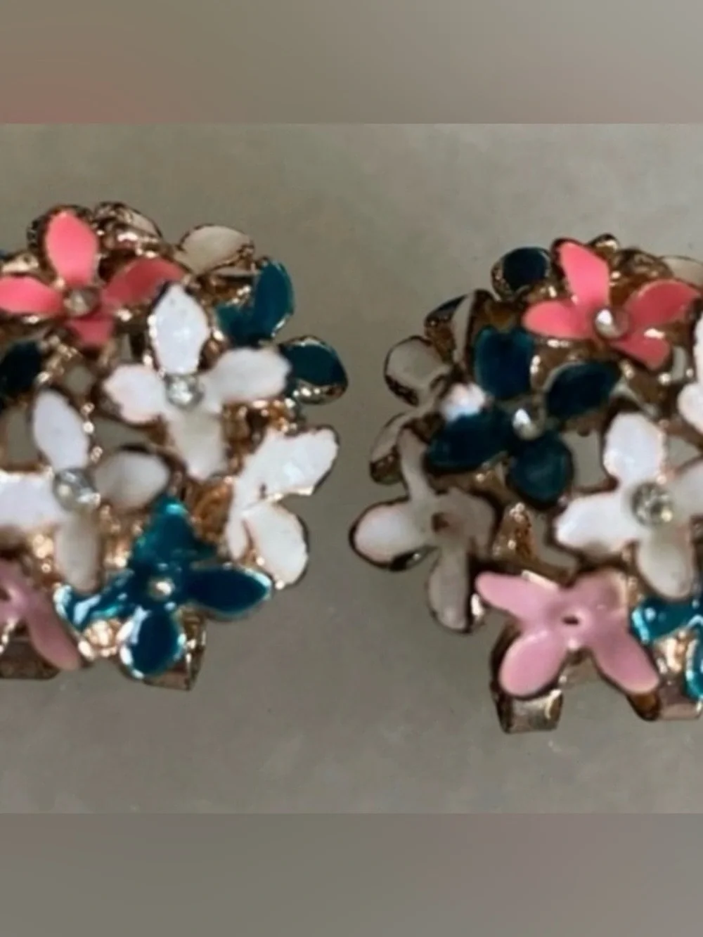 Vintage Floral Cluster Clip-On Earrings in Pink, White & Teal